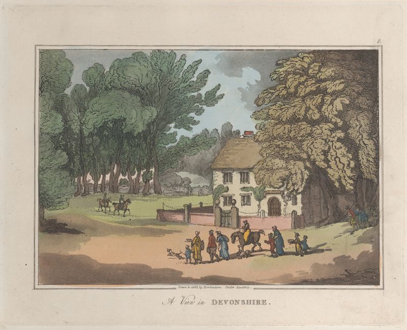 A View in Devonshire by Thomas Rowlandson, depicting a serene landscape with hills and sky, oil painting