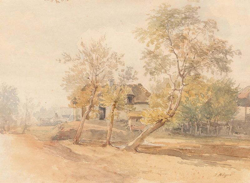 Oil painting by Josef Höger depicting trees near a farmhouse