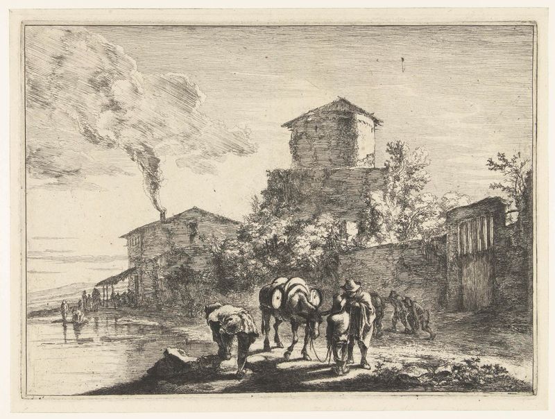 Etching by Jan Both depicting a man with a mule on the Via Appia