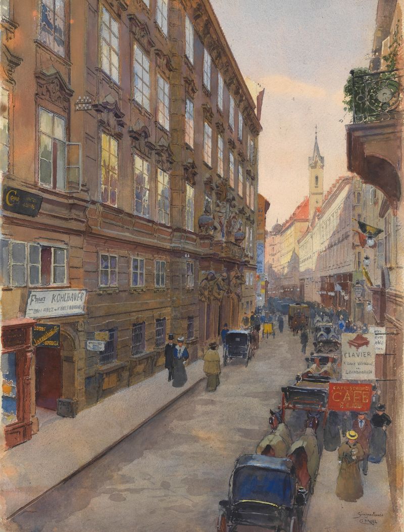 Die Singerstrasse de Carl Moll, que representa una escena callejera melancólica en óleo.