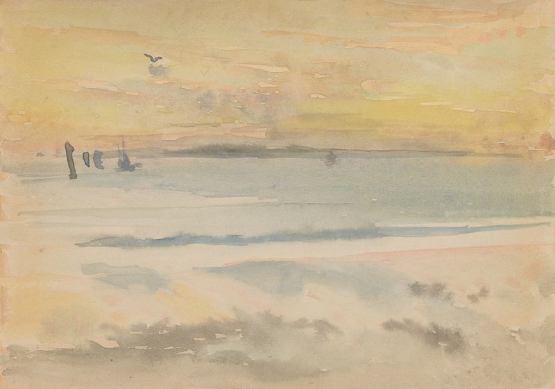 St. Ives; Sunset de James Abbott McNeill Whistler, pintura a óleo que retrata um pôr do sol sobre o oceano.