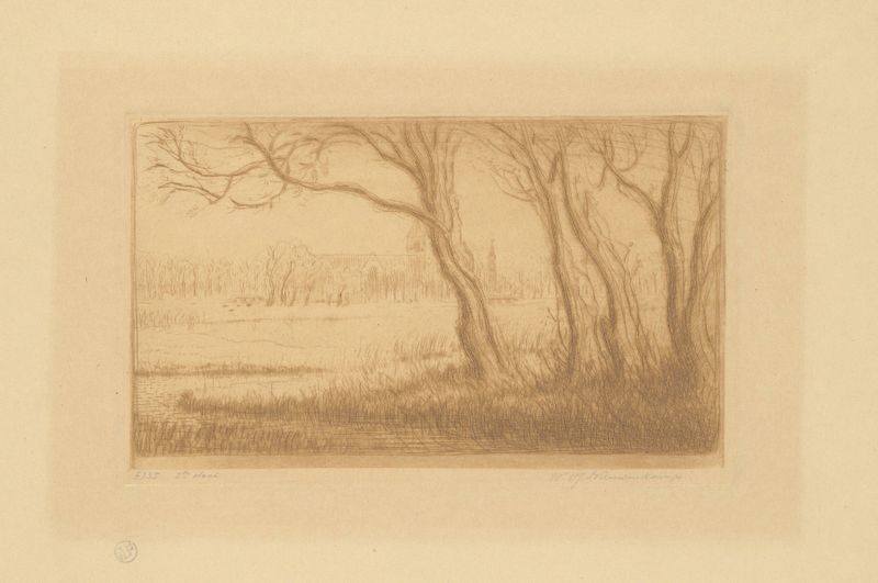 Landscape oil painting by Wijnand Otto Jan Nieuwenkamp depicting twilight over a village and water.