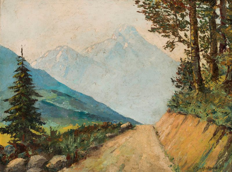 Paisagem montanhosa com uma estrada, pintura a óleo de Nevena Badjakowa
