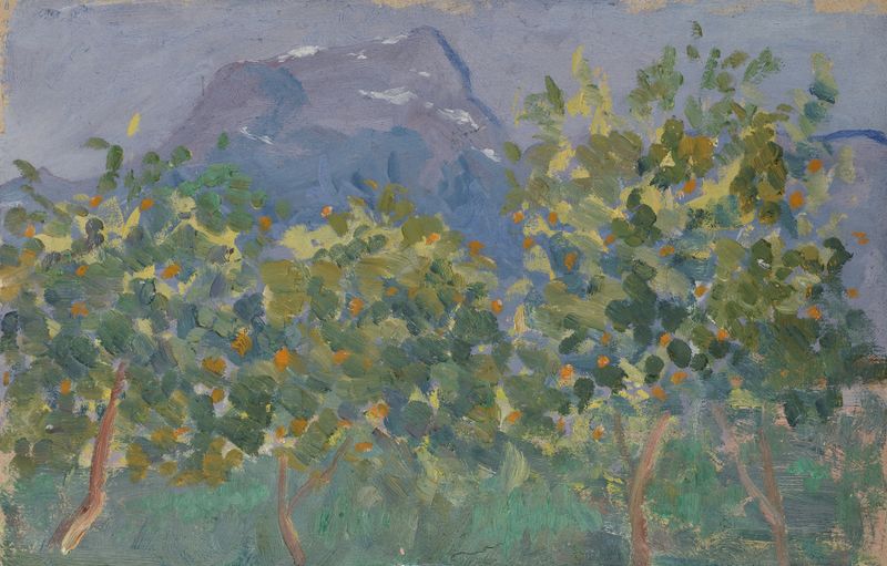 Paisaje de Post-Impresionismo de Ernst Schiess con árboles naranjas y una montaña lejana