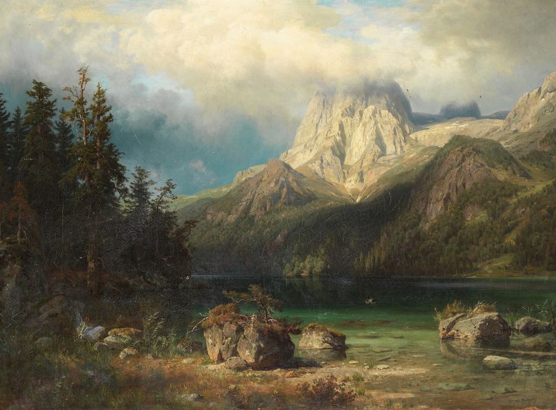Paisaje montañoso de August Wilhelm Leu, pintura al óleo que muestra picos escarpados y un valle sereno.