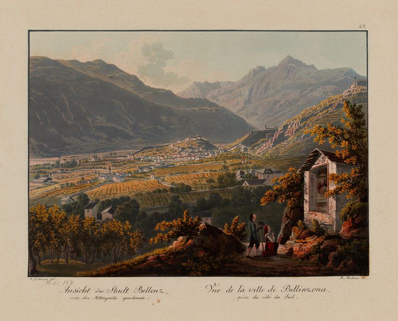 Landscape of Bellinzona with hills and architecture, oil on canvas by Johann Jakob Meyer