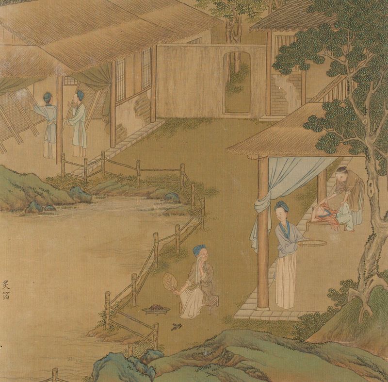 Obra figurativa em seda de Qiu Ying representando vestuário tradicional e cultura da seda