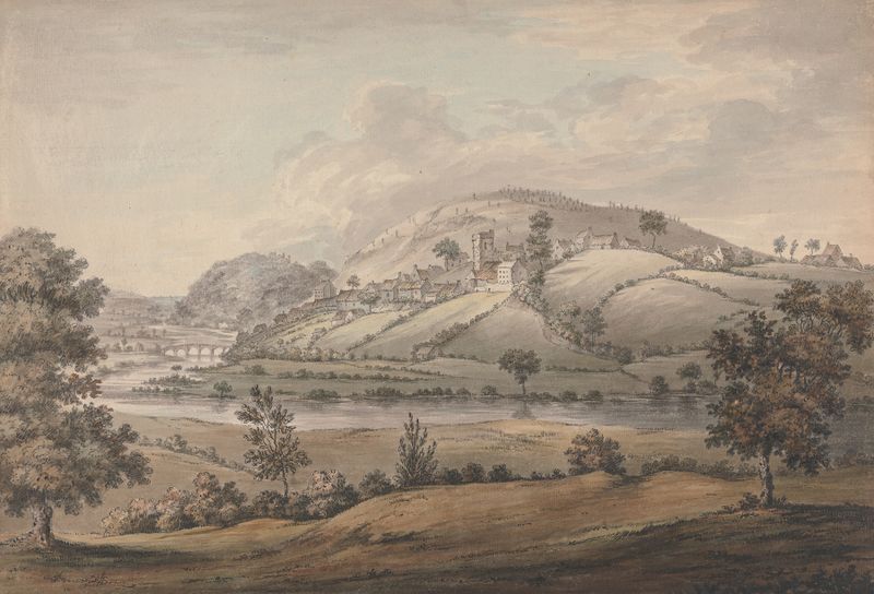 Hilly landscape with village and river, oil painting by Jonathan Fisher