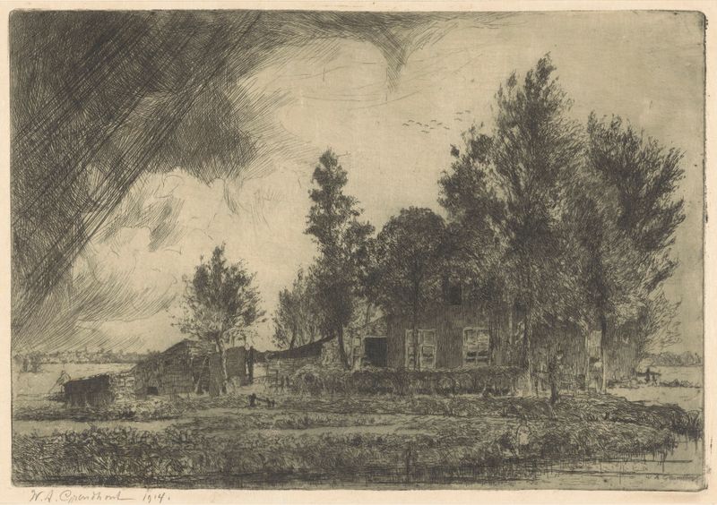 Rural landscape with farmhouse, oil on canvas by Willem Adrianus Grondhout