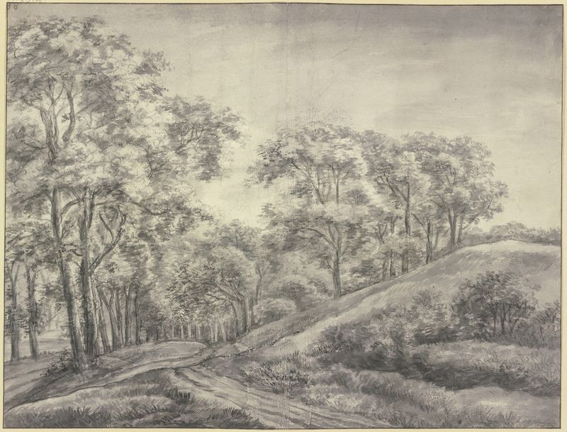 Waldpartie by Antonie Waterloo, oil on canvas depicting a forest path with huts