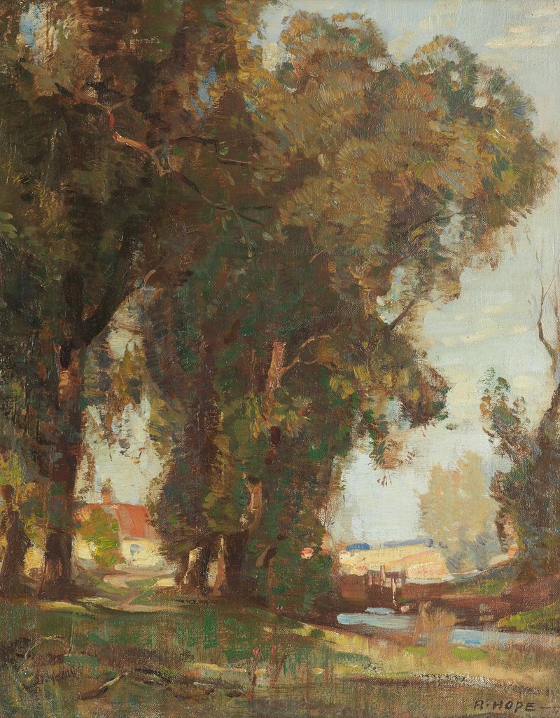 East Lothian landscape by Robert Hope, oil on canvas depicting fields and sunlight.