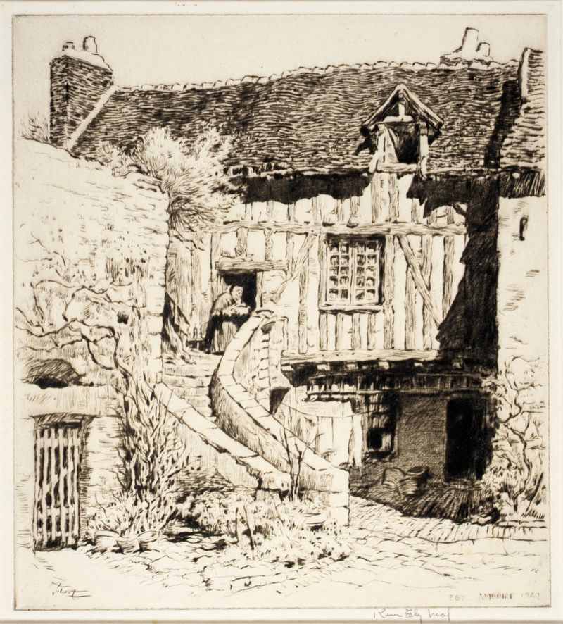 Paisaje con una casa en verdes suaves y marrones, óleo de Kerr Eby