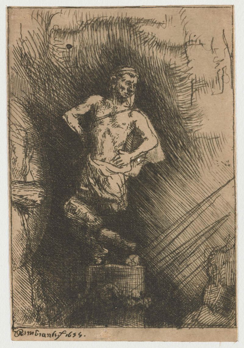 Grabado de Rembrandt van Rijn que representa a Nabucodonosor en agitación, con efectos de claroscuro.