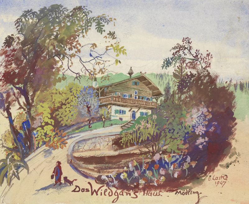 Paisaje postimpresionista de Oskar Laske, con exuberante vegetación y árboles.