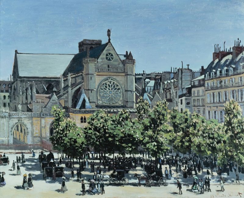 St. Germain l’Auxerrois de Claude Monet, pintura al óleo que representa una iglesia al atardecer