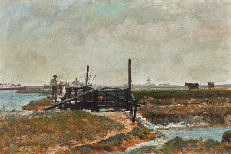 On The Marshes de John William Buxton Knight, impresionismo, reflejos de agua tranquilos.