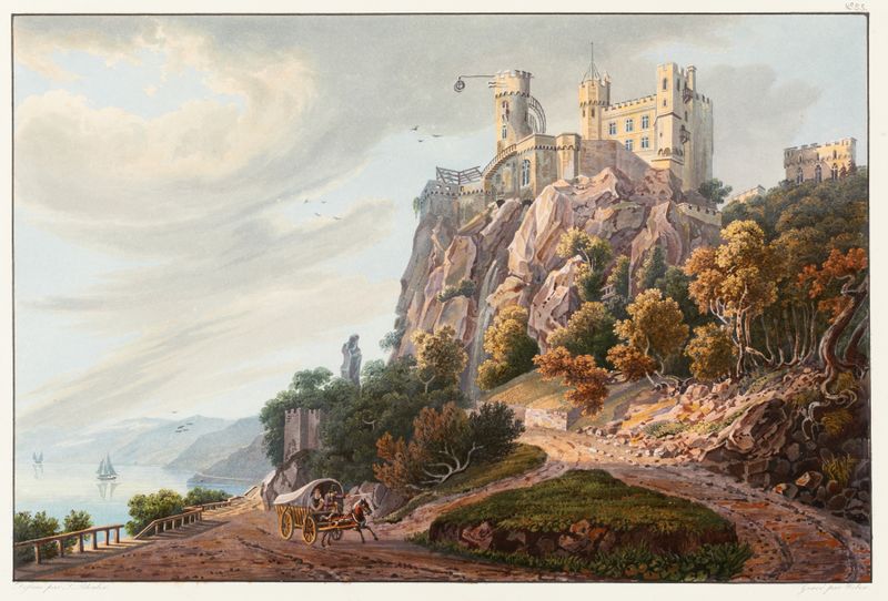 Le château de Rheinstein por Johann Ludwig Bleuler, pintura a óleo de um castelo com hera.