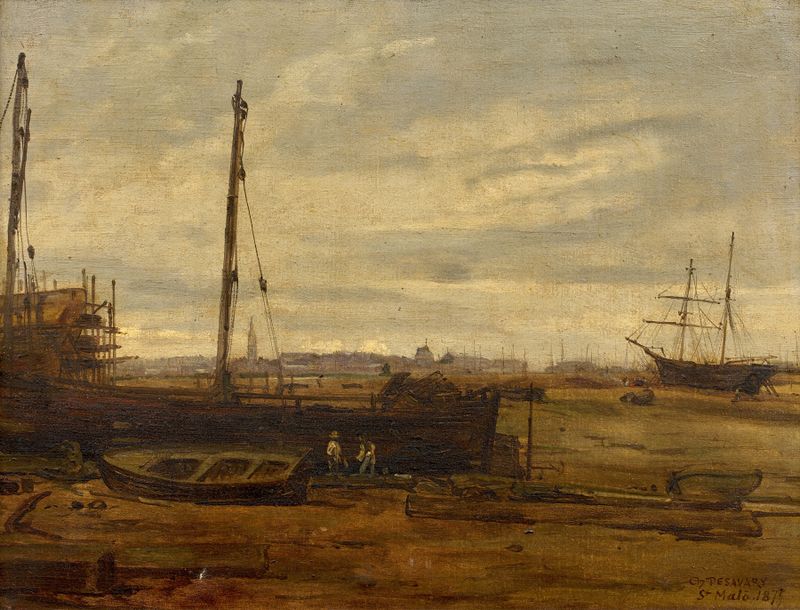 Vue de Saint-Malo, prise de Dinard de Charles Desavary, óleo sobre tela representando uma paisagem costeira.