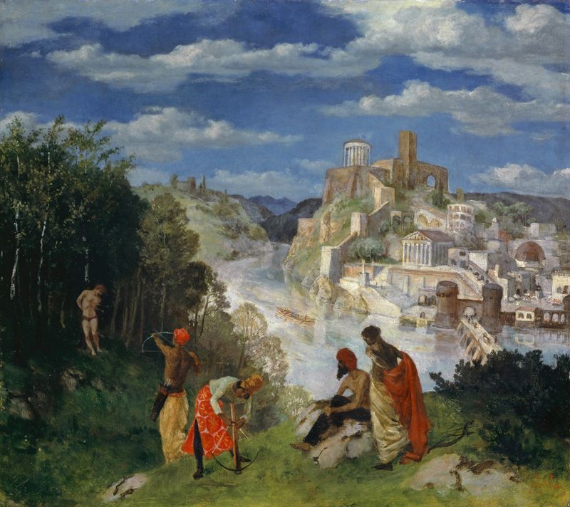 Landscape with the Martyrdom of Saint Sebastian, óleo sobre tela de Albert Welti, mostrando São Sebastião amarrado a uma á...