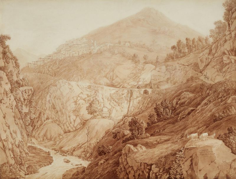 Paisaje óleo de Jacob Philipp Hackert con un río y colinas.
