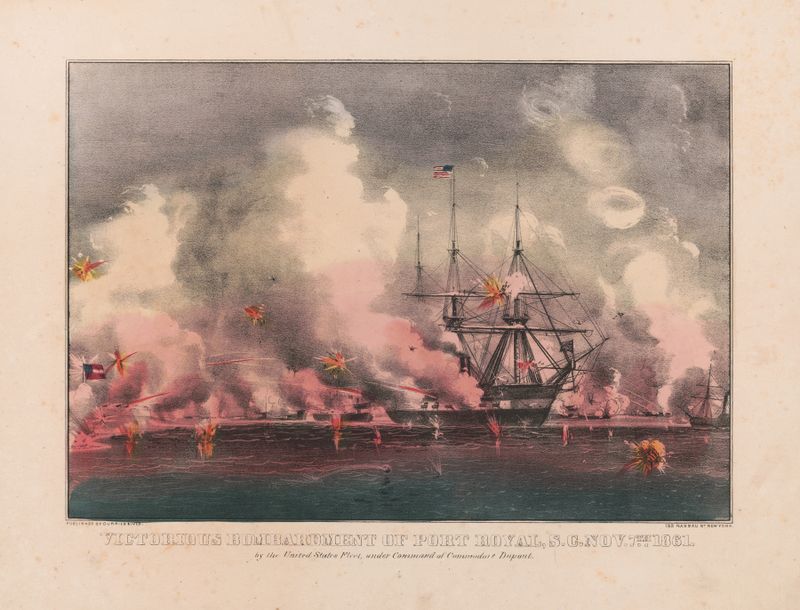 Escena de batalla naval con barcos en mar tempestuoso, litografía de Currier & Ives