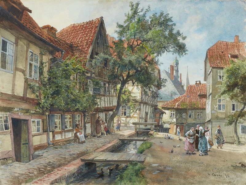 Hinter dem Rathaus in Wernigerode by Hermann Schnee, oil on canvas depicting a rustic village scene.
