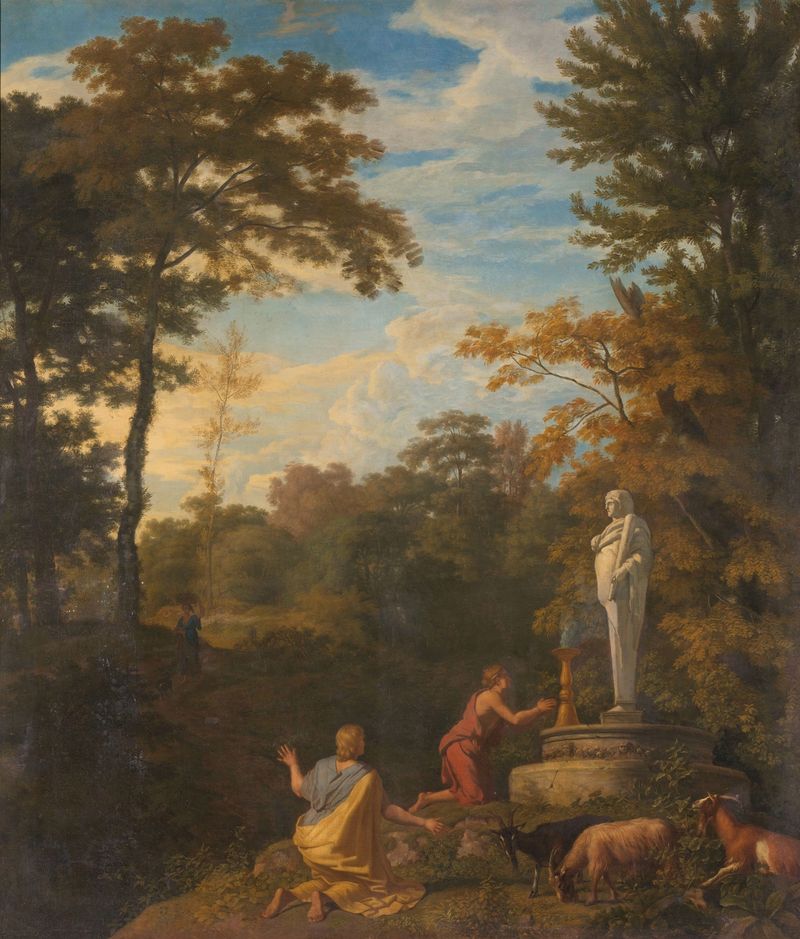Arcadian Landscape by Johannes Glauber, oil painting depicting hills and wildflowers.