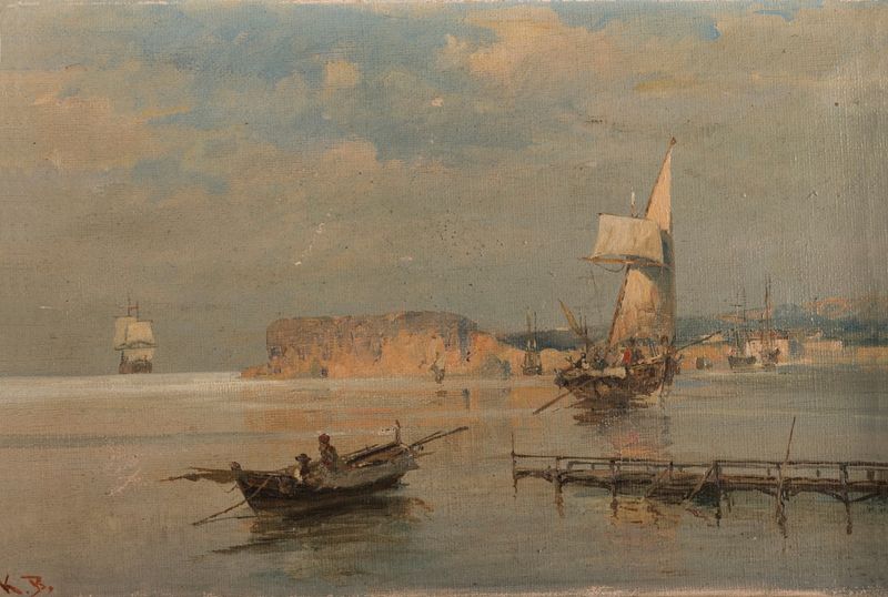 Boats in a port, oil painting by Konstantinos Volanakis