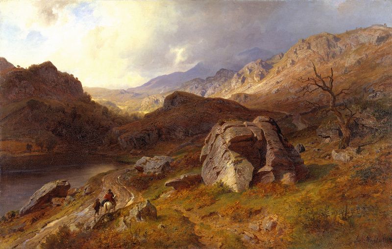 Lledr Valley en Gales de Hans Gude, óleo sobre lienzo que representa un lago brillante.