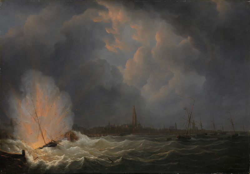 Oil painting by Martinus Schouman depicting a ship engulfed in flames and smoke on water