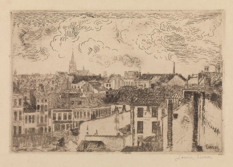 Roofs at Ostend de James Ensor, óleo sobre lienzo, que representa techos contra un cielo azul