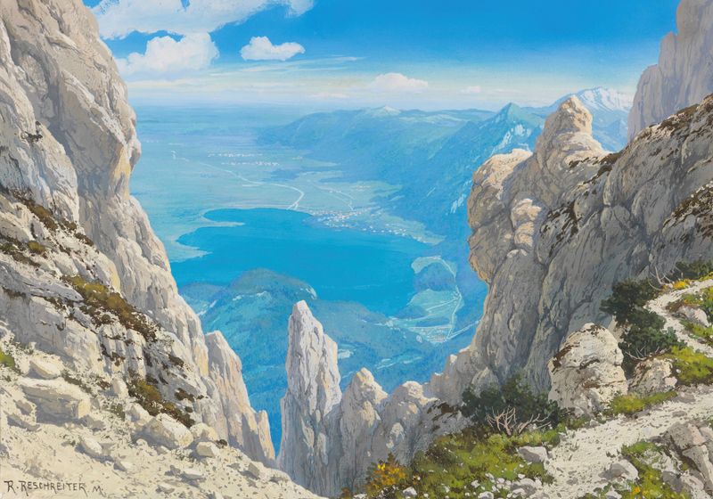 Vista del paisaje de Kochelsee por Rudolf Reschreiter, pintura al óleo