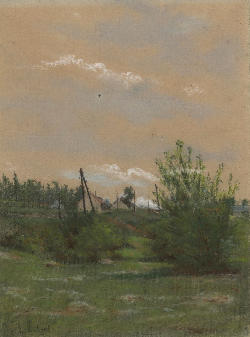 Paisaje con árboles y aldea de Louis Debras, óleo sobre lienzo