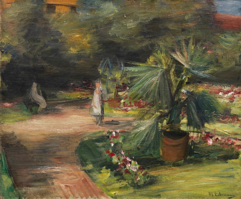 Pintura figurativa de Max Liebermann que representa a dos mujeres en un jardín con una palmera.