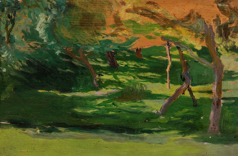 Watercolour by Józef Mehoffer depicting a garden scene with a figure and flowers.
