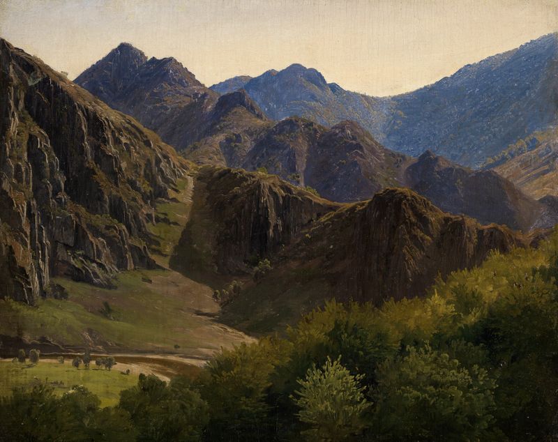 Pintura a óleo paisagem de Johann Wilhelm Schirmer com montanhas e um céu suave.