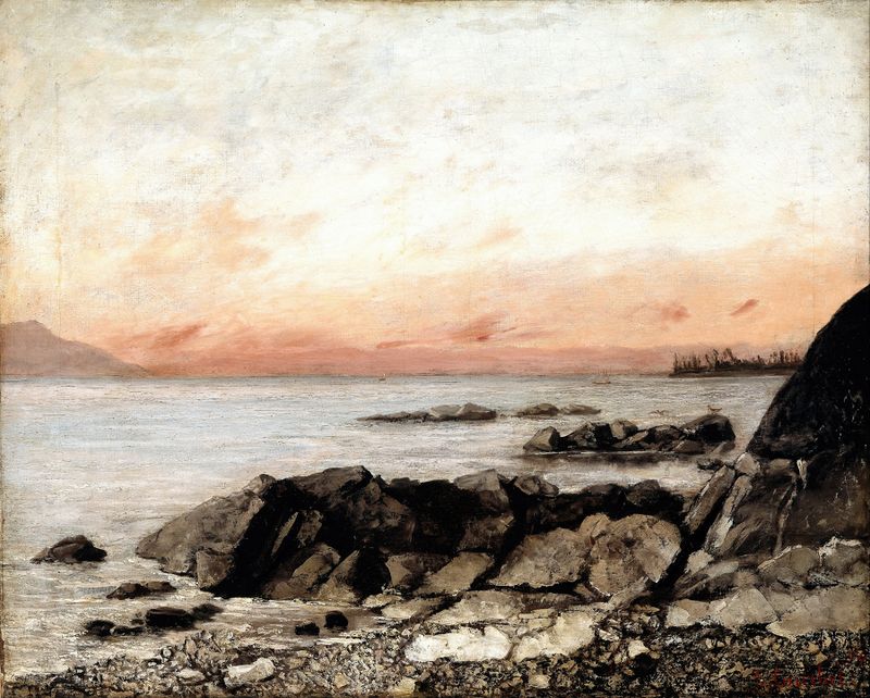 Atardecer sobre un lago con montañas, óleo de Gustave Courbet