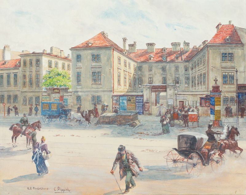 Pintura al óleo de paisaje de Carl Pippich que muestra un edificio abandonado y desolación.