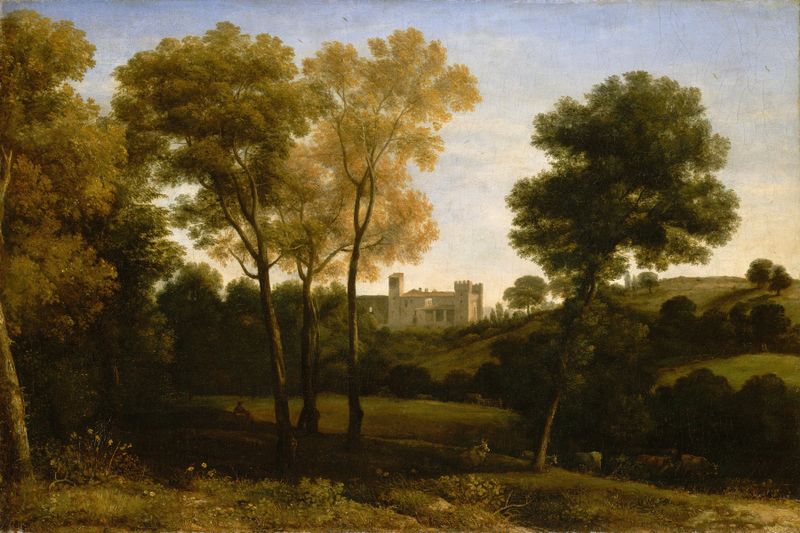 Landscape view with greenery and golden light by Claude Lorrain, oil painting