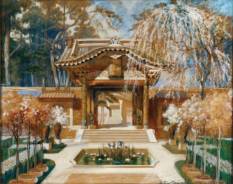 Japanese temple and blooming tree, ink on paper by Anton Brioschi