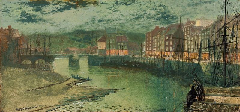 Marine scene of Whitby docks at twilight by John Atkinson Grimshaw, oil painting