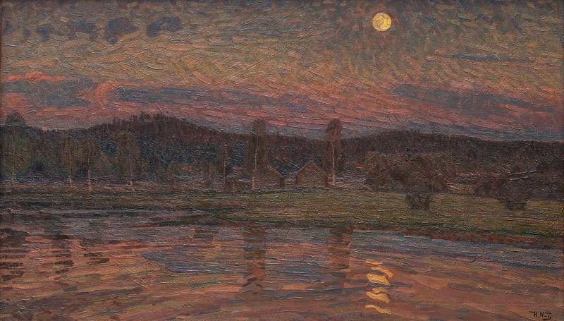 Moonlit Landscape by Herman Norrman, oil painting depicting trees under moonlight.