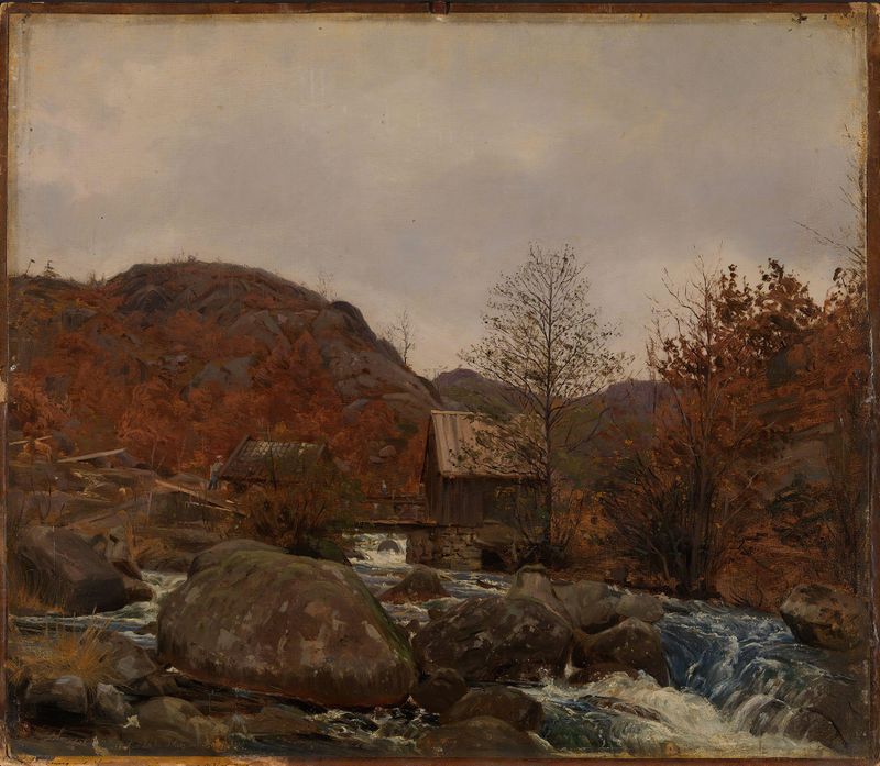 Óleo sobre tela de Amaldus Nielsen retratando um moinho à beira de um rio em uma paisagem verde