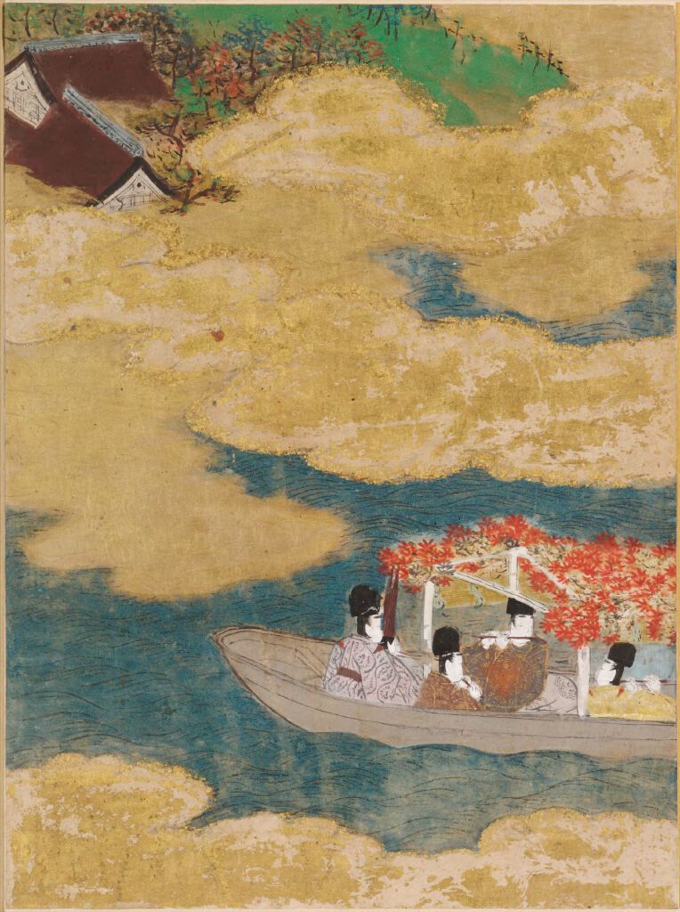 Ilustração dourada de Tosa Mitsunobu representando nós trifólios da História do Genji.