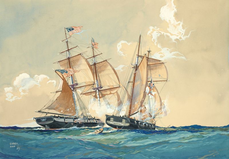 Oil on canvas by Worden Wood depicting a naval battle between two ships