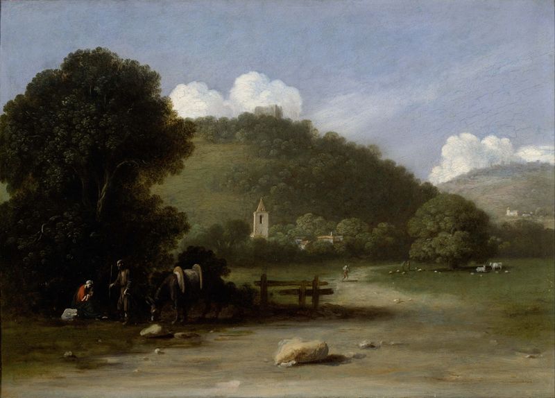 Landscape with the Rest on the Flight into Egypt, óleo sobre lienzo de Goffredo Wals mostrando a la sagrada familia bajo u...
