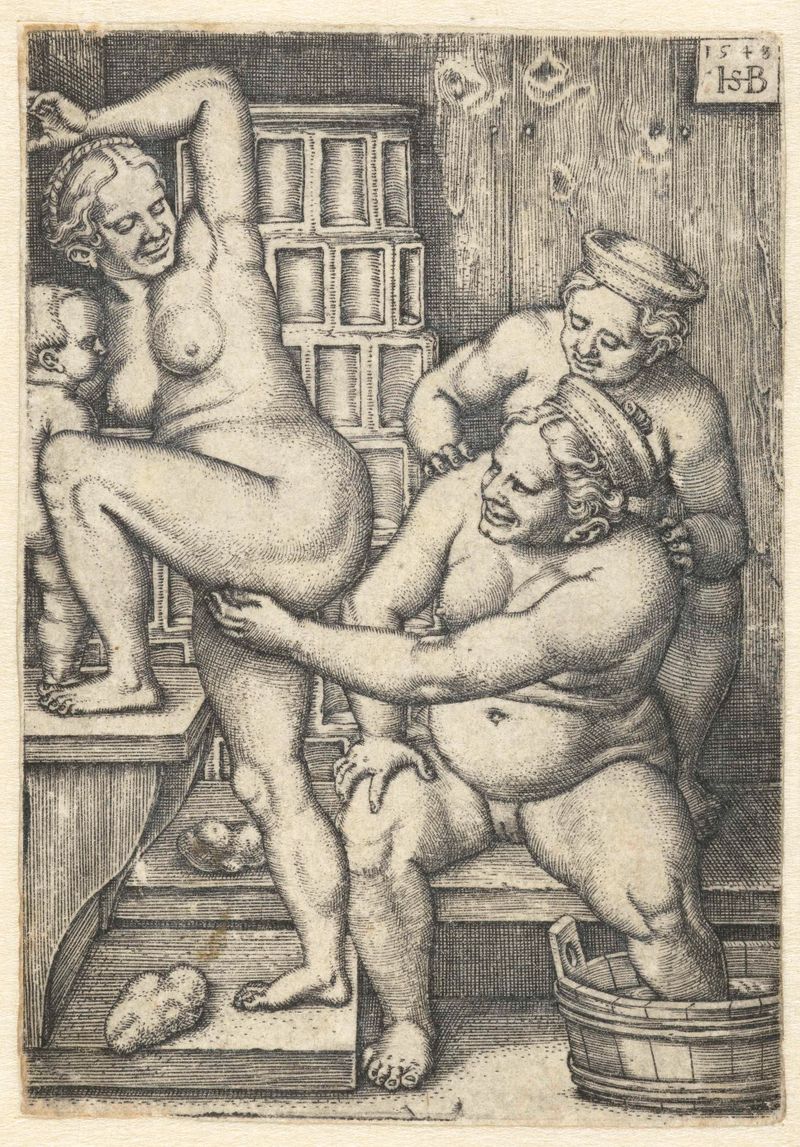 Gravura de Hans Sebald Beham mostrando três mulheres se banhando em um banho