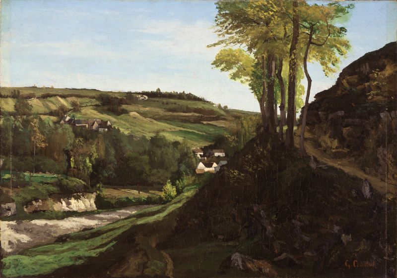 O Vale de Ornans de Gustave Courbet, pintura a óleo de um vale exuberante e uma cidade.