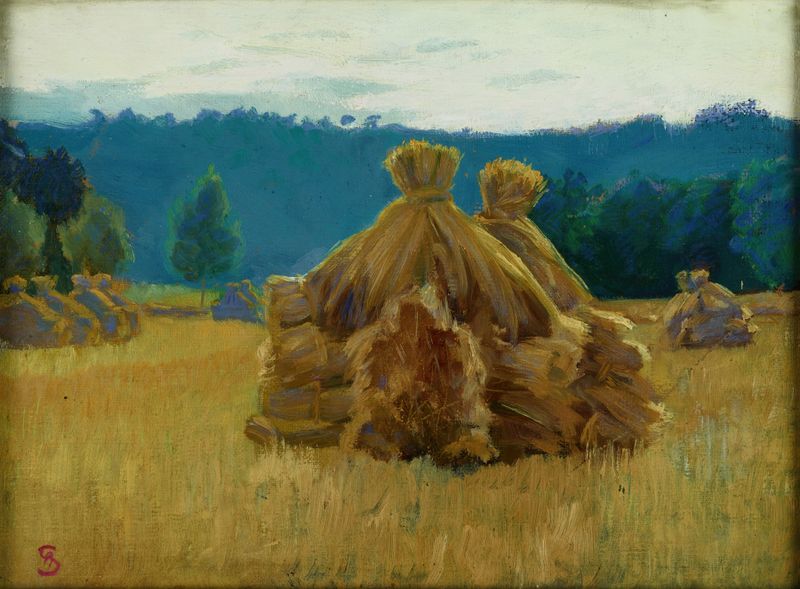 Morning in the Field de Ambroży Sabatowski, Impressionismo, retratando uma paisagem serena com luz dourada.