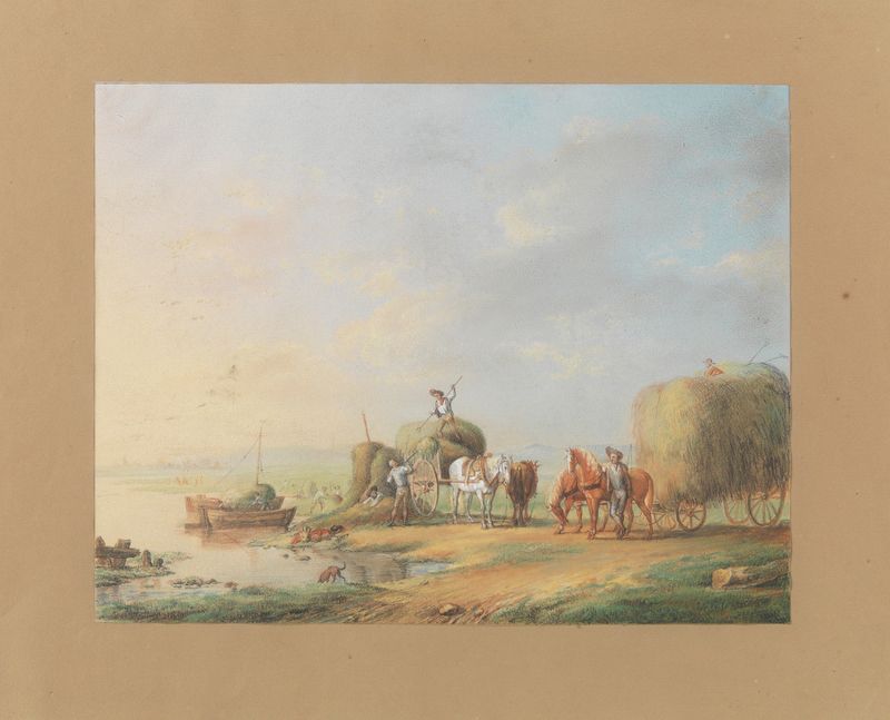Farmers with horses and hay wagons by the river, oil on canvas by Eugène Joseph Verboeckhoven
